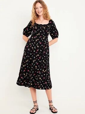 Old Navy Black Floral Square-Neck Midi Dress